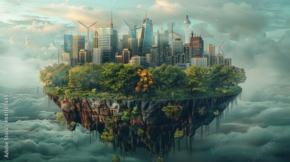 Poster 3d visual of a city transitioning from fossil fuels to renewable energy, with clear copy space at th
