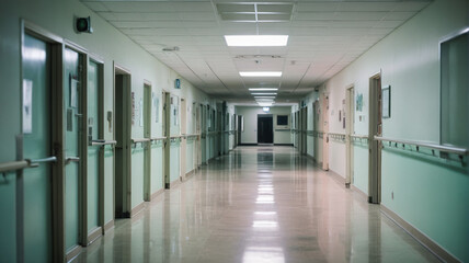 Obraz premium Fading specters: Wandering through desolate hospital corridors, where blurred silhouettes hint at the fading echoes of lives once intertwined, Generative AI