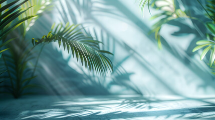 Blurred shadow from palm leaves on the light pink wall. Minimal abstract background for product presentation. Spring and summer