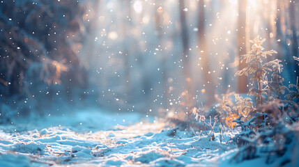 Blurry image of a winter forest, small snowdrifts and light snowfall - a beautiful winter-themed background wide format