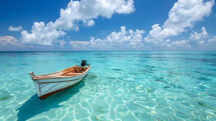 Naklejka premium Boat in turquoise ocean water against blue sky with white clouds. Natural landscape for summer vacation