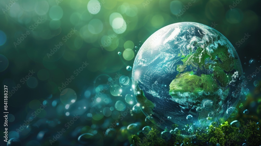 Wall mural vibrant depiction of earth surrounded by lush greenery and water droplets, symbolizing the planet's 