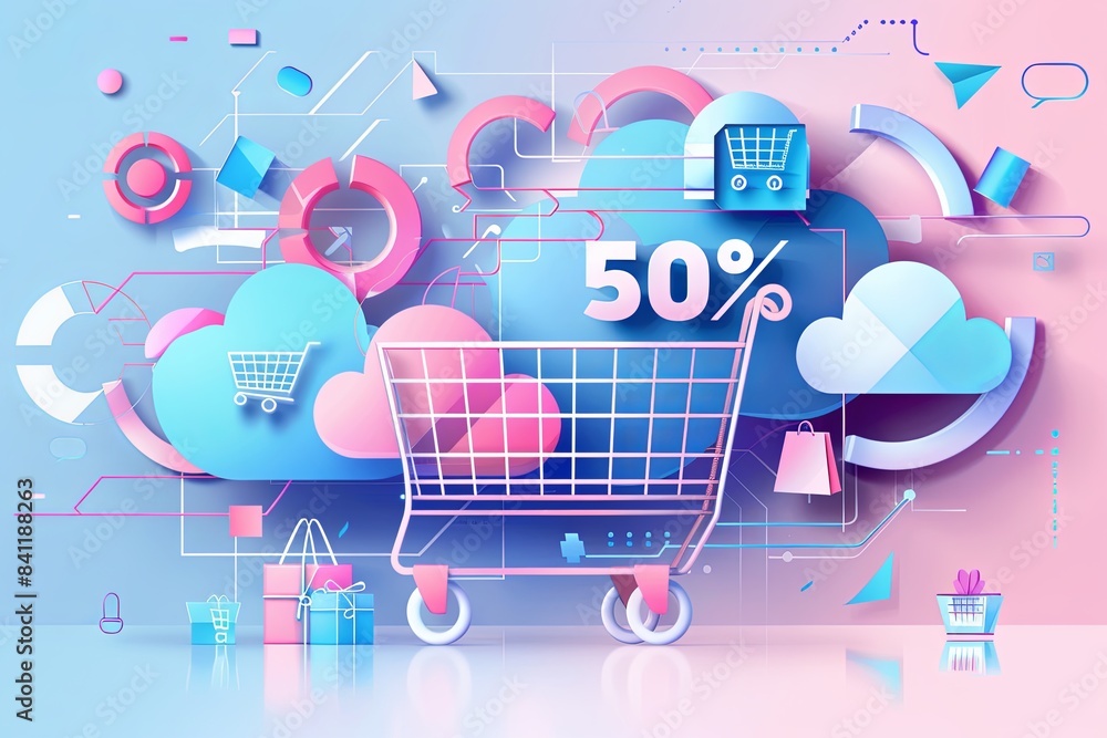 Aufkleber an abstract online shopping sale background with a shopping cart and 50% off text. generative ai