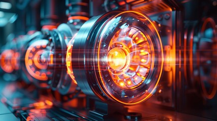 Close-up of futuristic machine engine with glowing orange lights showcasing advanced technology and engineering innovation.