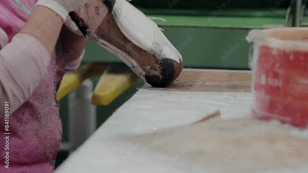 Poster worker applying glue to a shoe before the sole gluing process in a factory.