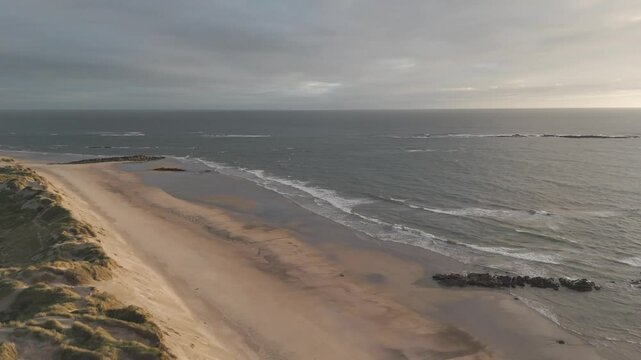 Aerial view of Ofir Beach in Esposende, Portugal, with expansive sandy shores and calm ocean waves.