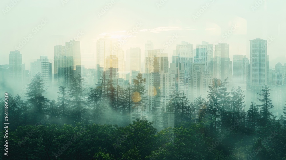 Aufkleber double exposure image of a forest merging with an urban cityscape, with plenty of copy space for tex