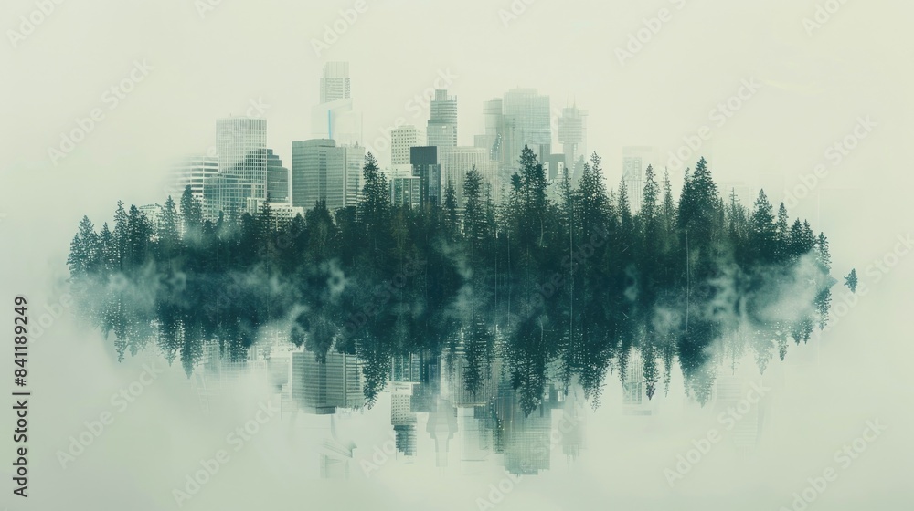 Poster double exposure of cityscape seamlessly blending with a dense forest, reflected perfectly in a misty