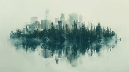 Fototapeta premium Double exposure of Cityscape seamlessly blending with a dense forest, reflected perfectly in a misty lake, symbolizing the integration of urban and natural environments.