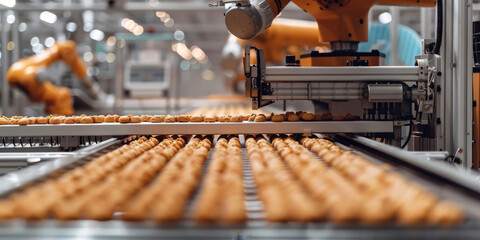 A close-up view of freshly baked cookies moving along a production line in a commercial bakery, showcasing the detailed process of cookie manufacturing..