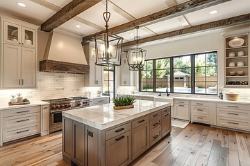  Traditional kitchen in beautiful new luxury home with hardwood floors, wood beams, and large island quartz counters. Includes farmhouse sink, elegant pendant lights, and large windows