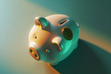 Piggy bank, coins inside, light from above, upward green financial graph, flat design, top view, economic theme, 3D render, Triadic Color Scheme