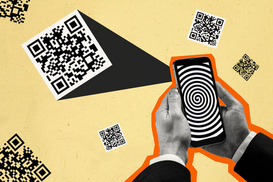 Composite photo collage of hand hold iphone device hypnosis wallpaper barcode propaganda scam technology isolated on painted background - Powered by Adobe