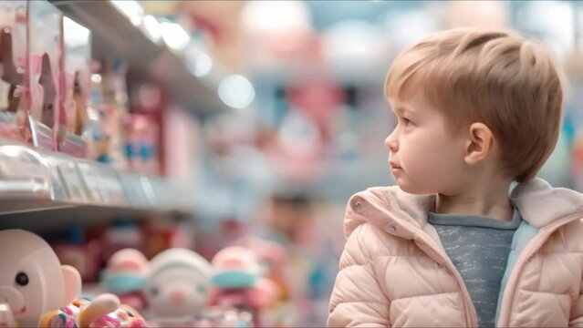 Child in puffer jacket amazed by toys in busy shop. Concept Children, Winter Clothing, Toy Store, Amazement, Puffer Jacket