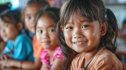 Fototapeta premium copy space, stockphoto, close up of some primary school students in a primary school classroom in Asia. Back to school theme.