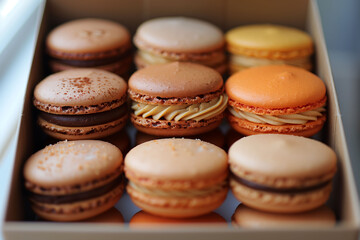 Obraz premium Close-up of chocolate and cocoa French macaron, detailed with delicate textures and elegantly displayed in natural light. Dessert cuisine concept. 