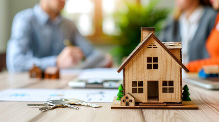 Signing deed of sale of property or mortgage agreement. Real estate agent or lender with buyers in office, wooden house model and home keys on the table
