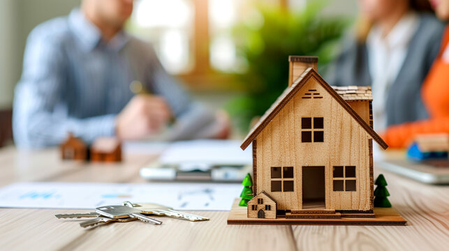 Signing deed of sale of property or mortgage agreement. Real estate agent or lender with buyers in office, wooden house model and home keys on the table