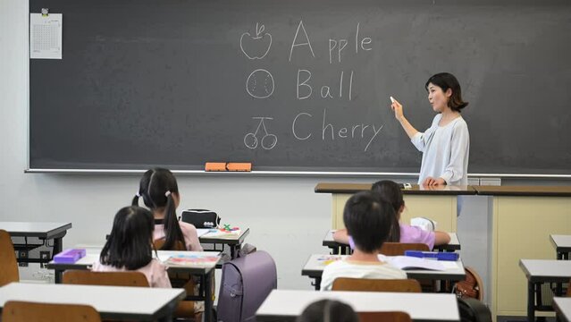 English class in a Japanese elementary school classroom Video of teacher and children without faces