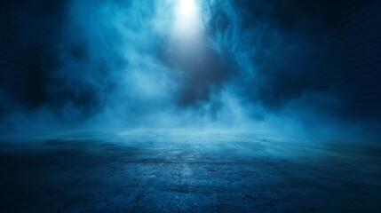 Obraz premium Dark misty alley with blue fog and dramatic lighting. Copy space. Generative AI 