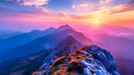colorful sunset on top of austrian mountain alps