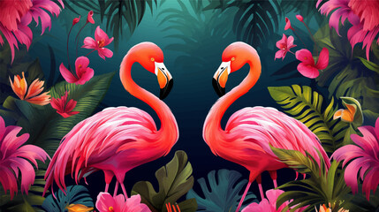 Illustration of tropical wallpaper design with exotic leaves and flowers. Hummingbird and flamingos. Paper texture background. Seamless texture background effect.