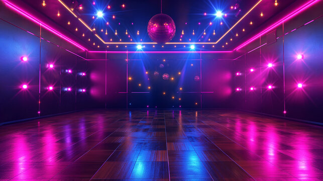 Disco Ball Illuminated Dance Floor with Neon Lights. Copy space.	