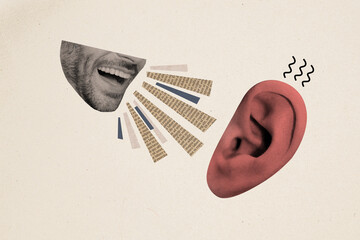 Composite artwork collage image picture of guy mouth talk ear isolated on creative background