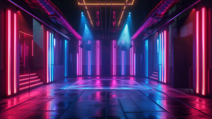 Fototapeta premium Neon Lit Empty Dance Floor in a Modern Club. Copy space. Generative AI 