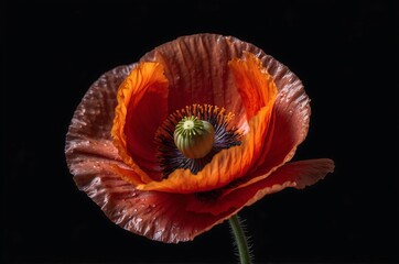 A single vibrant poppy flower with detailed petals set against a black background, its striking color and intricate details drawing the viewer's gaze