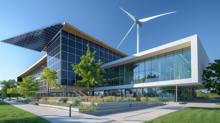 A large building with a wind turbine on top