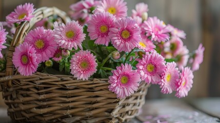 Basket of pink daisies in garden setting
