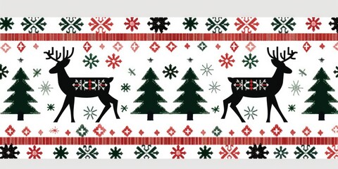 A seamless festive pattern mimicking a holiday sweater with reindeer and trees