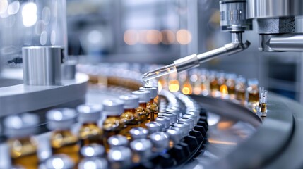 Close-up of a medical ampoule production line in the background of a modern pharmaceutical factory. Industrial concept of technology and research.