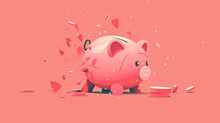 Broken piggy bank, coins rolling out, red descending graph, flat design, side view, economic loss theme, animation, colored pastel