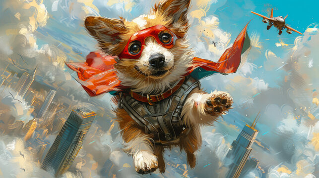 Superhero Puppy Adventure: Brave Canine Hero Flying Over the City with Cape and Goggles, AI Generated