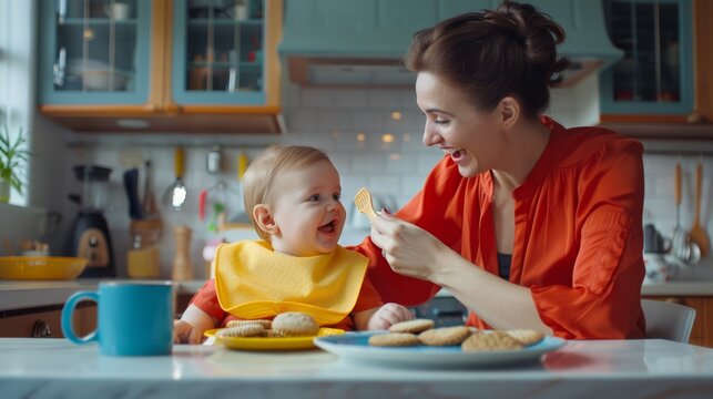 The mother feeding baby