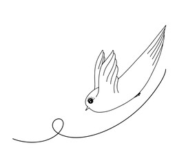 Continuous line hand drawing of flying bird. Doodle vector illustration