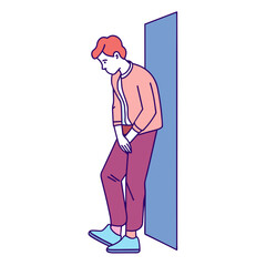 Standing alone, leaning sideways against the wall and thinking