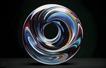 3d glass circle shape on black background. Colourful transparent bead with swirls
