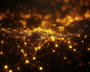 Obraz premium Network of glowing gold nodes and lines forming abstract shapes, dark background, hightech digital connections, futuristic, crisp details