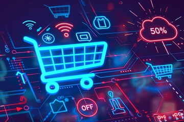 A digital illustration of a glowing shopping cart, surrounded by icons representing online shopping, with a 50% off discount cloud in the background. Generative AI