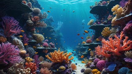 Obraz premium Oceanic Wonders: Diving into the depths of the ocean where vibrant coral reefs and mysterious sea creatures await discovery, Generative AI