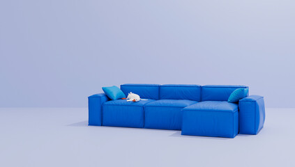 3d room interior furniture in blue monochrome background sofa with duck toys