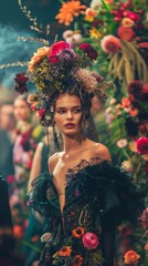 Naklejka premium A woman in a dress with flowers on her head
