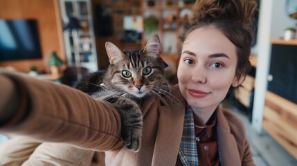 A young beautiful businesswoman in a brown suit taking a selfie with a cute cat in her office space