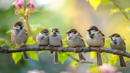 flock of birds sparrows and tits sitting on a branch in the garden