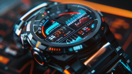 A closeup image of a modern smartwatch with a black face and orange accents. The screen displays the time, data, and other information.
