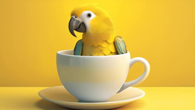 A colorful parrot perches in a teacup, bringing a touch of the tropics to teatime. This playful 3D render is ideal for designs related to birds, pets, and lighthearted fun.