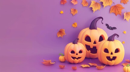 Fototapeta premium A group of three pumpkins sitting on top of a purple surface